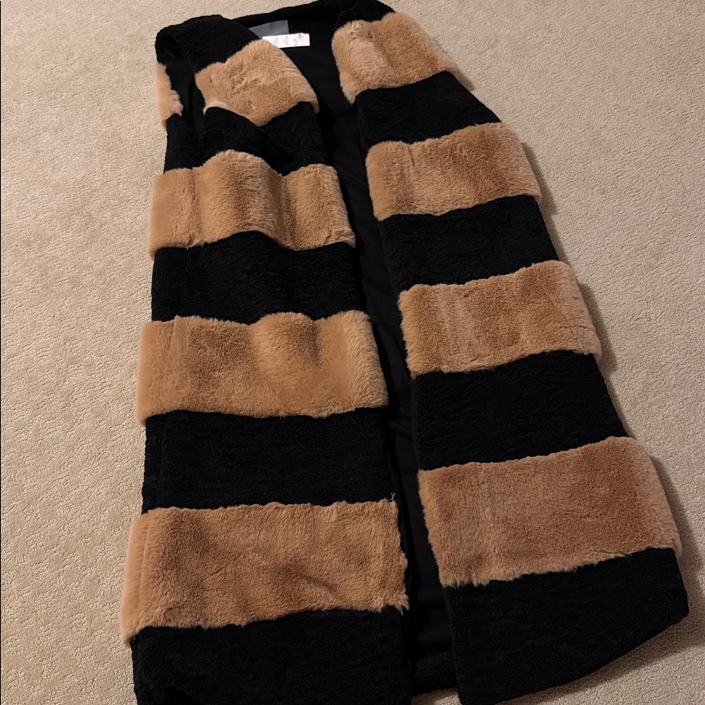 Anthropologie Black and Tan Faux Fur long Vest